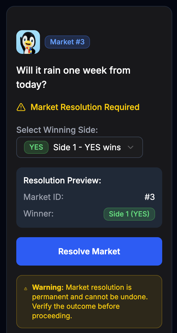 The resolution card, showing the button to resolve the market